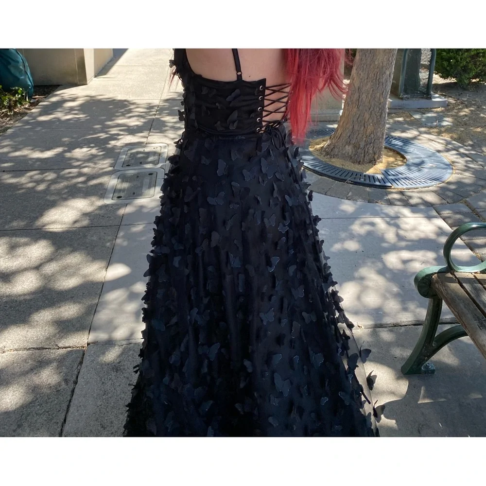 NWT corset tie up prom‎ Dress 3D butterfly Formal Black silver accents  XS S